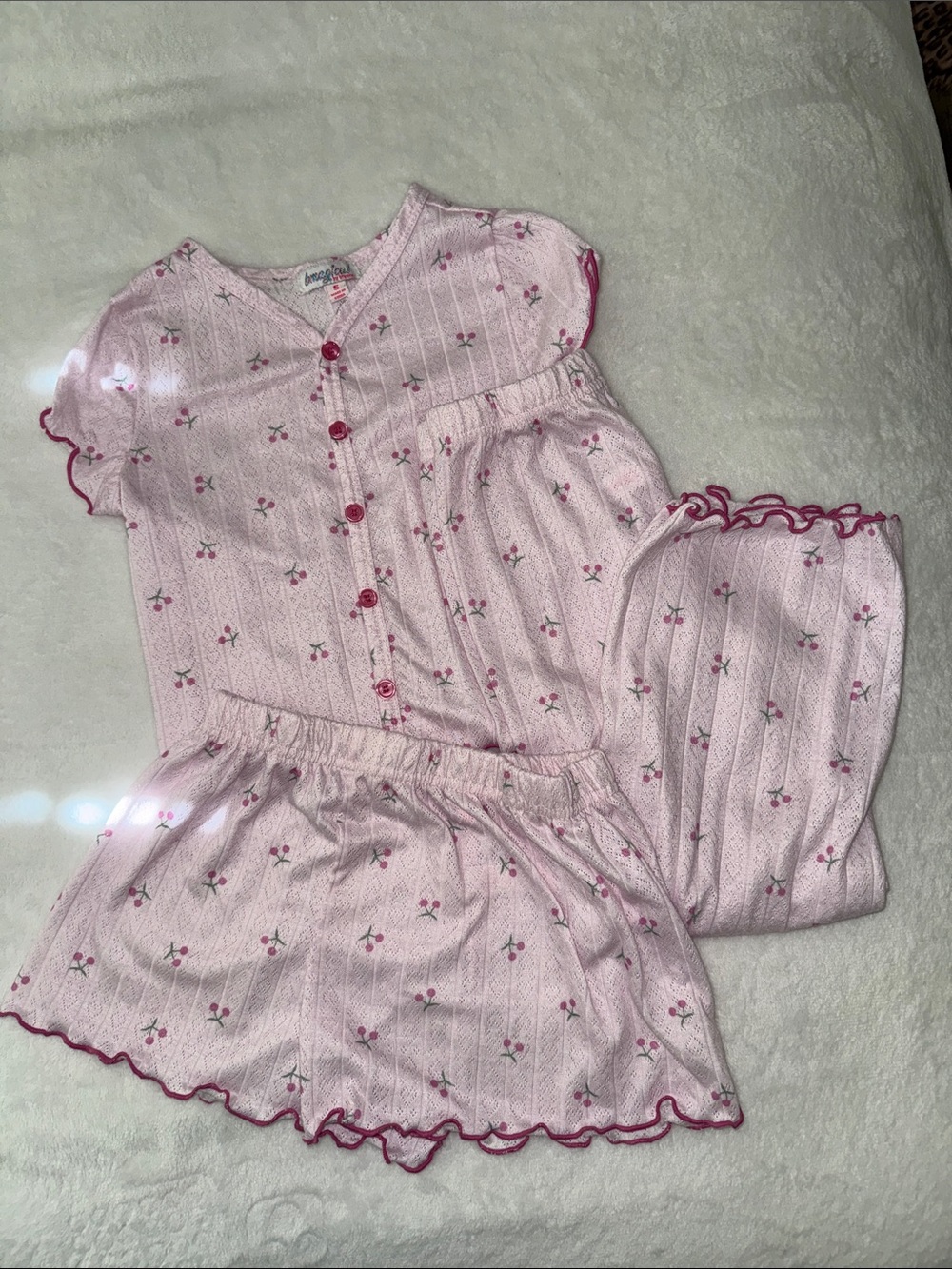 Sweet Pink Floral Kids Pajama 3 Piece Set - Button Front Top, Pants & Shorts